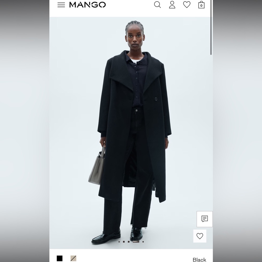 MNG Mango Manteca Italian 100% Wool Black Overcoat Women’s 1XL oversized